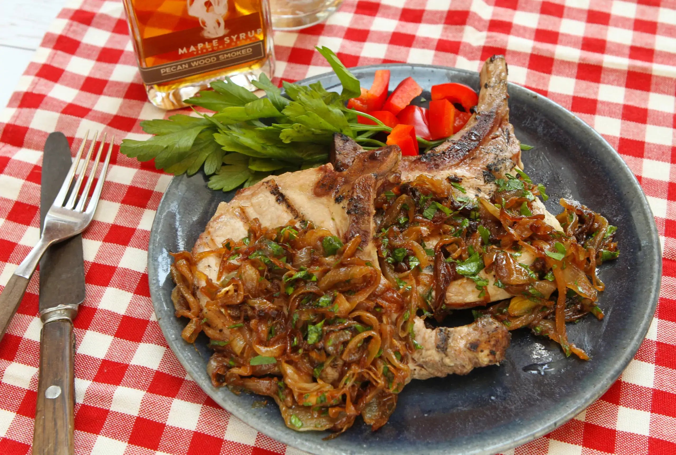 Runamok Maple - Recipe Pork Chops with Caramelized Onions and Smoked Maple