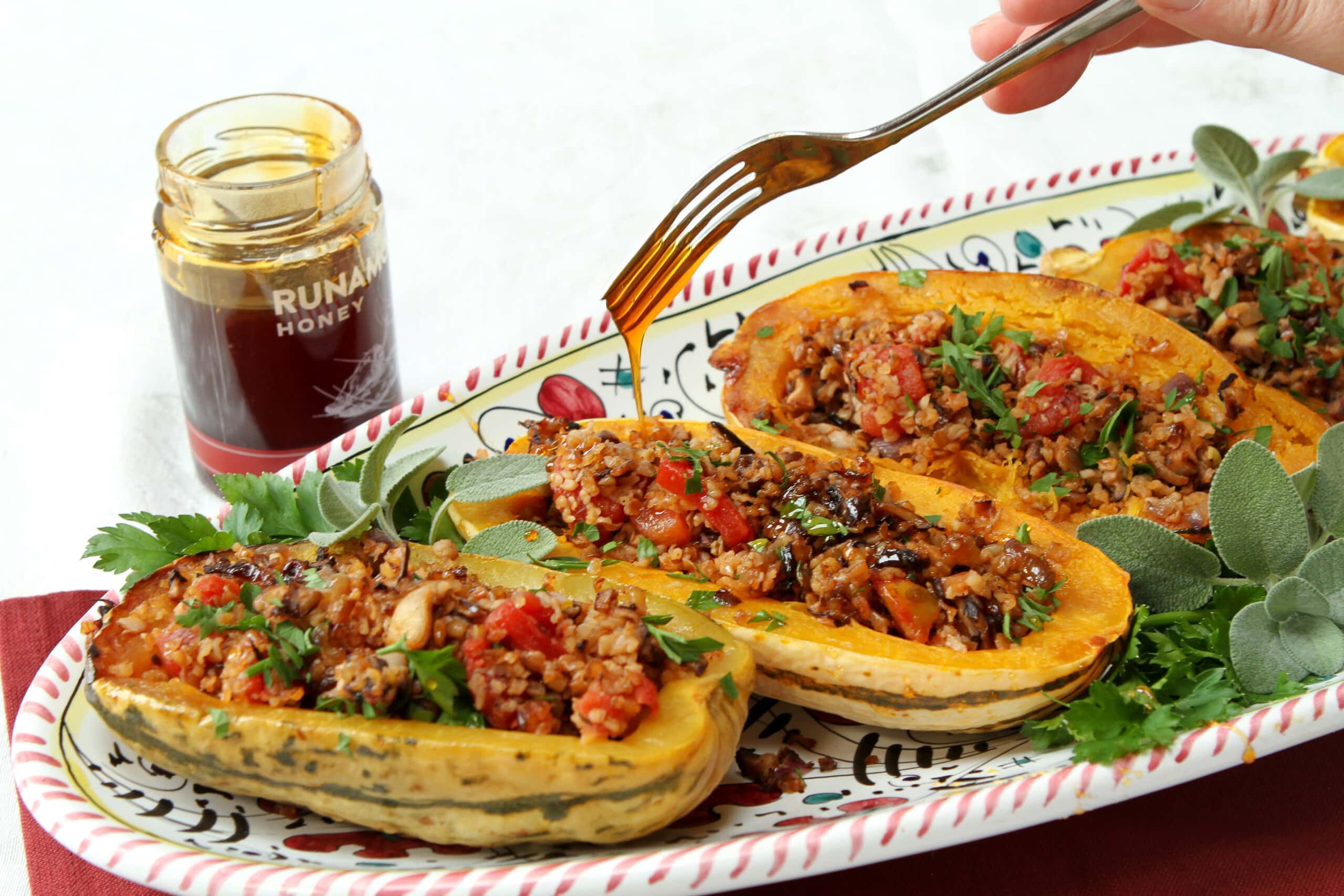Roasted Delicatas Stuffed with Beef or Bulgur and Drizzled with Hot Honey