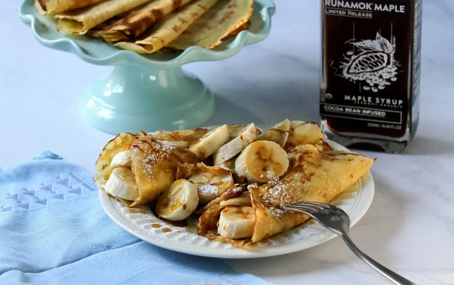 Crepes with Cocoa Bean Infused Maple and Sliced Bananas