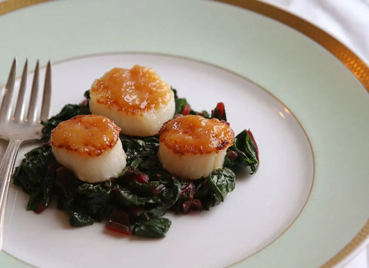 Runamok Maple - Recipe Seared Scallops with a Maple-Miso Glaze over Swiss Chard