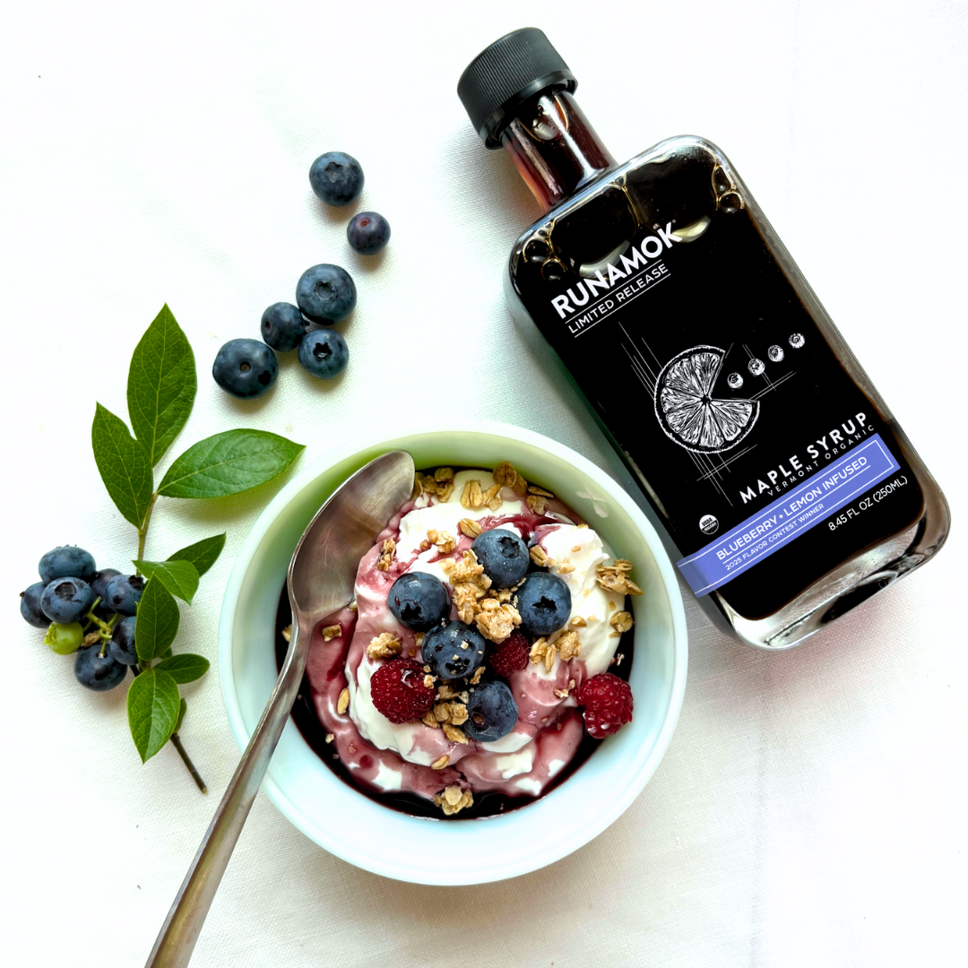 Blueberry + Lemon Infused Maple Syrup with a bowl of yogurt and granola