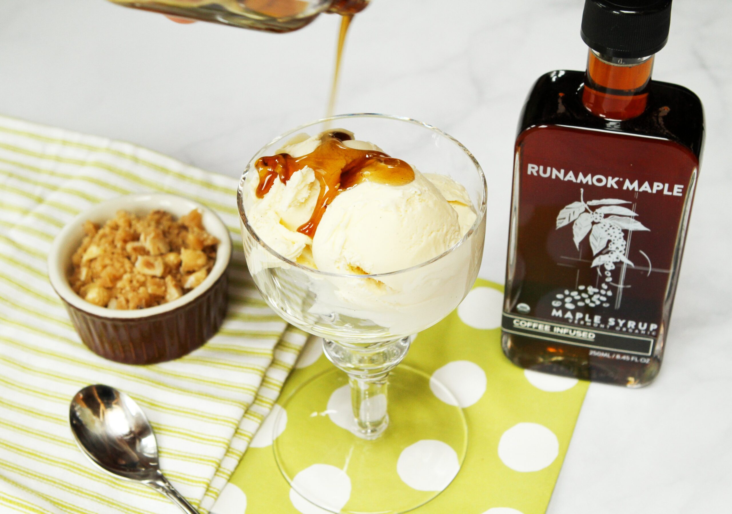 Ice Cream Sundae with Vanilla Ice Cream, Hazelnut Praline and Coffee Infused Maple