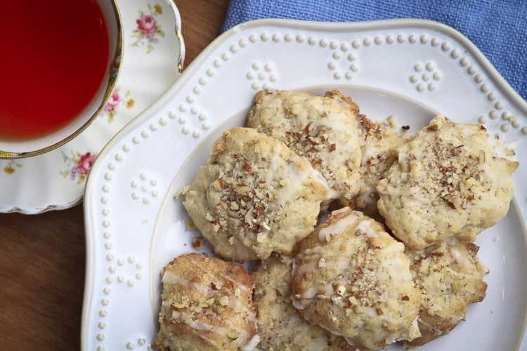 Maple pecan cookies served on a decorative white ceramic plate