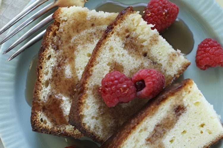 Maple Glazed Pound Cake served with raspberries