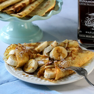 Banana Crepes with Cocoa Bean Infused Maple Syrup by Runamok Maple