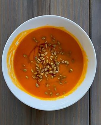 Roasted Carrot Sweet Potato Ginger Soup - Choosing Chia