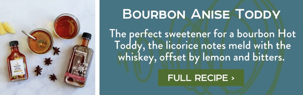 Bourbon Anise Toddy - The perfect sweetener for a bourbon Hot Toddy, the licorice notes meld with the whiskey, offset by lemon and bitters. Full Recipe >