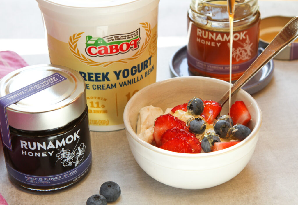 Runamok Honey being pored over greek yogurt