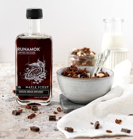 Cocoa Bean Infused Maple Syrup on Granola